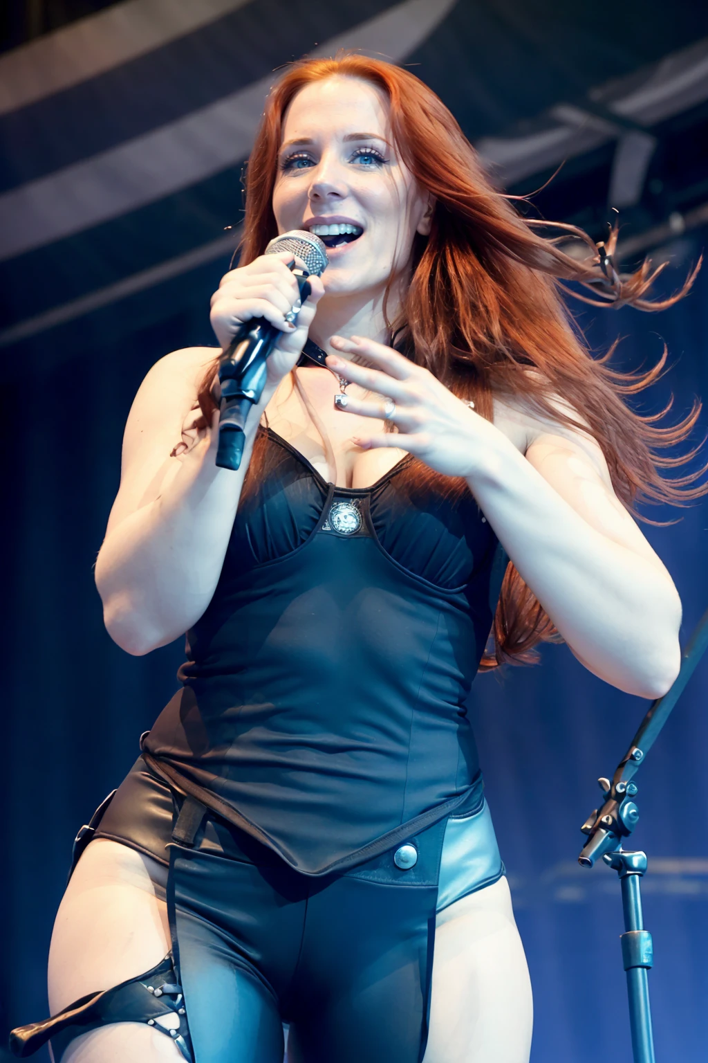 <lora:quiron_SimoneSimons_v4_lora:0.87>, realistic, cinematic scene, hero view, cowboy shot, SimoneSimonsQuiron woman, Simone Simons, singing at stage holding a microphone, long red hair smiling at the camera
