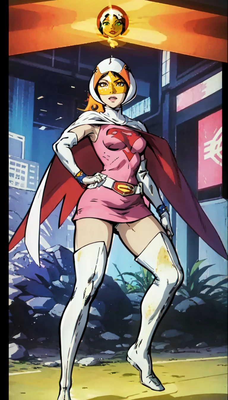 straight-on,pose,looking at viewer,BREAK, retro artstyle, official_style,1970s_(style),
ANI_CLASSIC_jun_gatchaman_ownwaifu,www.ownwaifu.com, jun the swan,
long hair,breasts,green eyes,lips,medium breasts,blonde hair,lipstick,makeup,
white legwear,pink dress,superhero,bodysuit,cape,gloves,helmet,belt,elbow gloves,white gloves,mask,skirt,leotard, white thighhighs, skin tight, god_phoenix,visor,
<lora:ANI_CLASSIC_jun_gatchaman_ownwaifu:1>,, official art, highres, scenery, (masterpiece:1.1), (best quality,:1.1), (high quality:1.1), (anime screencap:1.2),