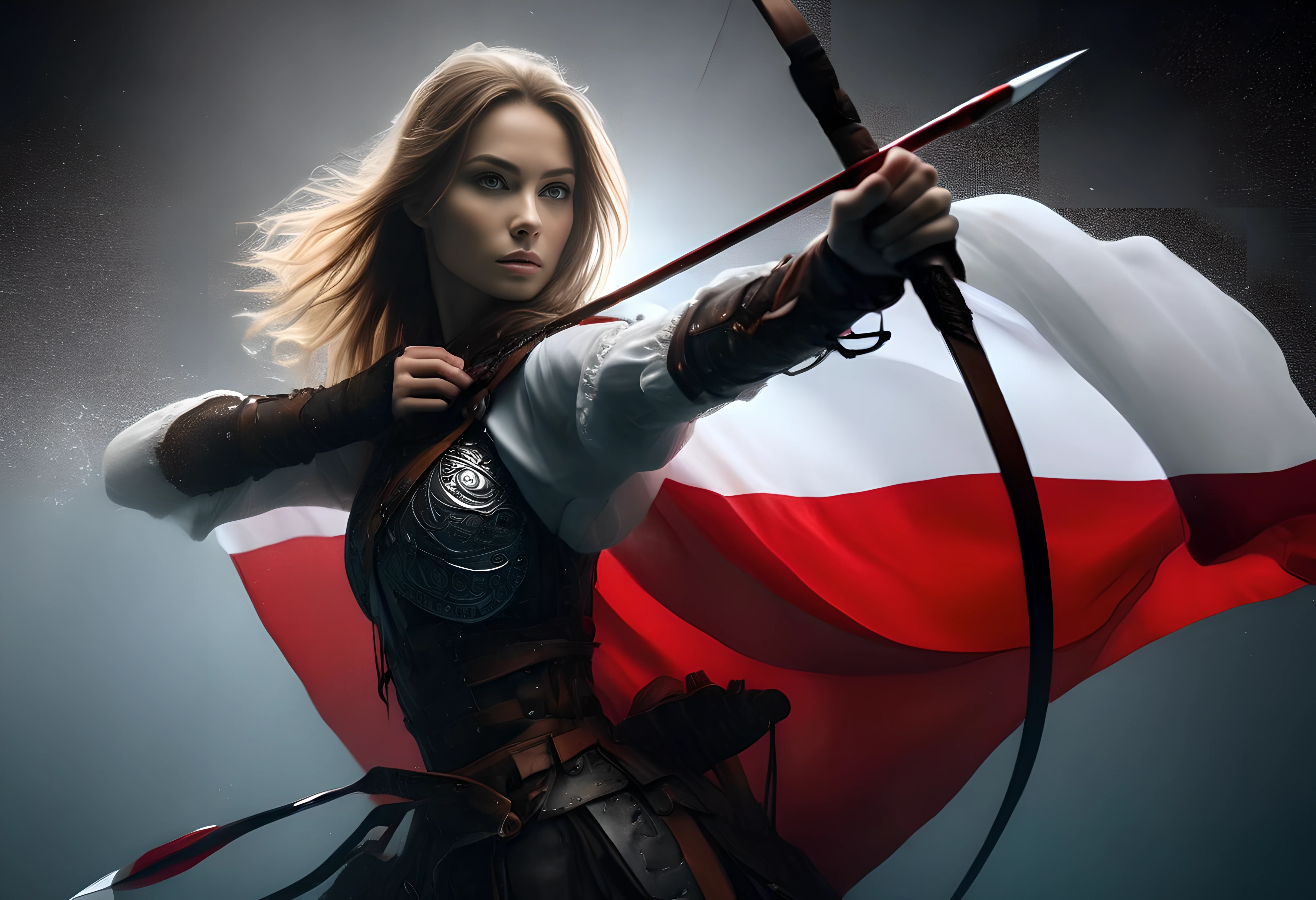 a beautiful polish archer jumping out of the water wrapped in the polish flag. in one hand she holds a royal scimitar sword, on her shoulder a pukler with an emblem, inkpunk style,thematic background, side light, rim lighting, studio lighting, ultra quality, sharp focus, film grain, Fujifilm XT3, highly detailed glossy eyes, high detailed skin, skin pores, winter, snowing,
dark fantasy, romantic,dynamic fighting pose,,natural pose, dark fantasy style, raw, uhd, dslr, em 80mm, dslr, hdr, , cinematic shot, dark fantasy, style,raw photo, glowing neon fog, dslr, raw, 16k UHD,
<lora:sdxl_lora_archer:0.9>  <lora:PerfectEyesXL:0.8> perfecteyes