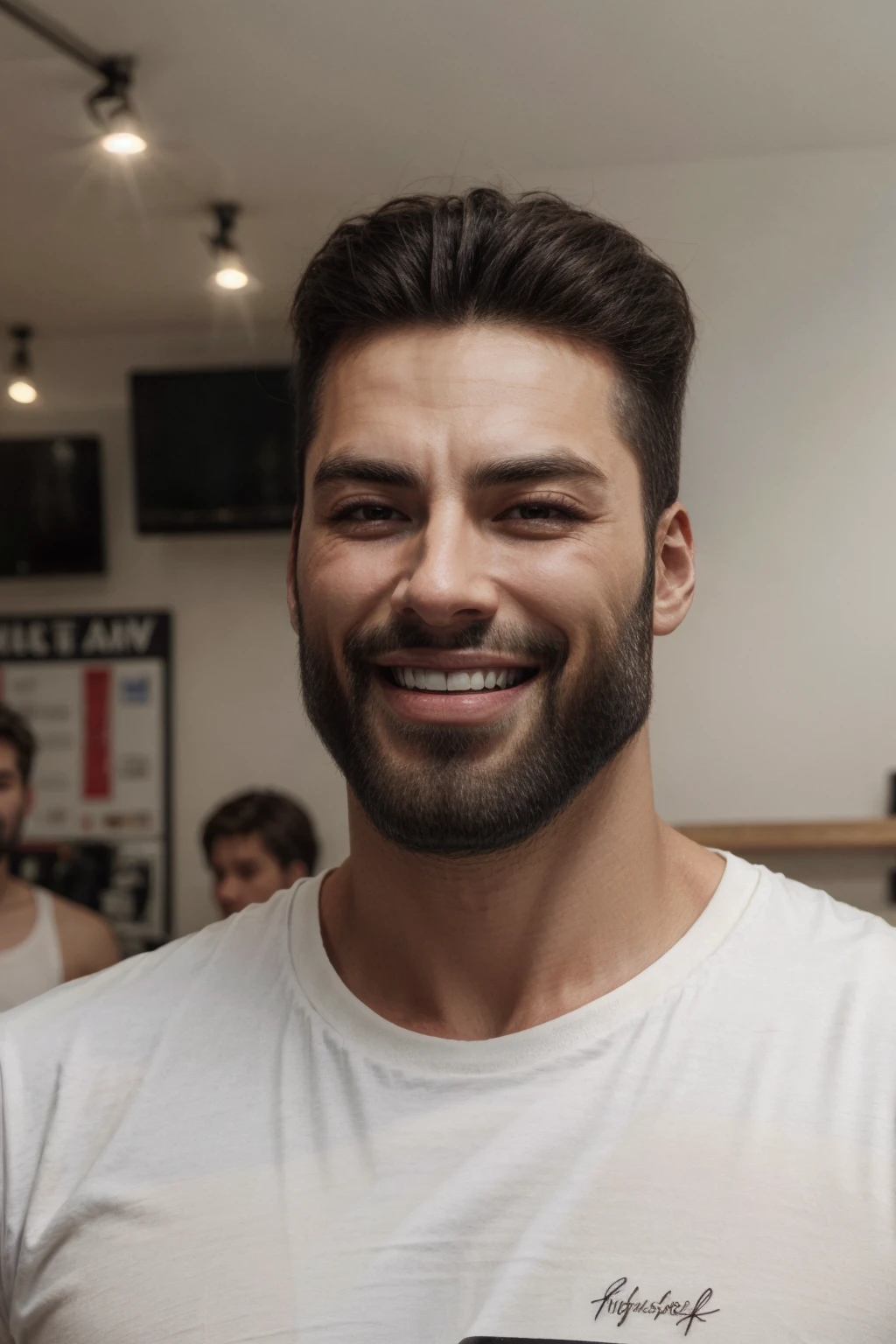 smiling, giggle,
white t-shirt,
<lora:more_details:0.7>
<lora:Gigachadv1:0.9> photo of gigachad, shiny, shiny hair, shiny skin, shiny clothes, masterpiece, extreme details, detailed, focus, masterpiece, realistic, photorealistic, 4k, 8k, 16k, highres