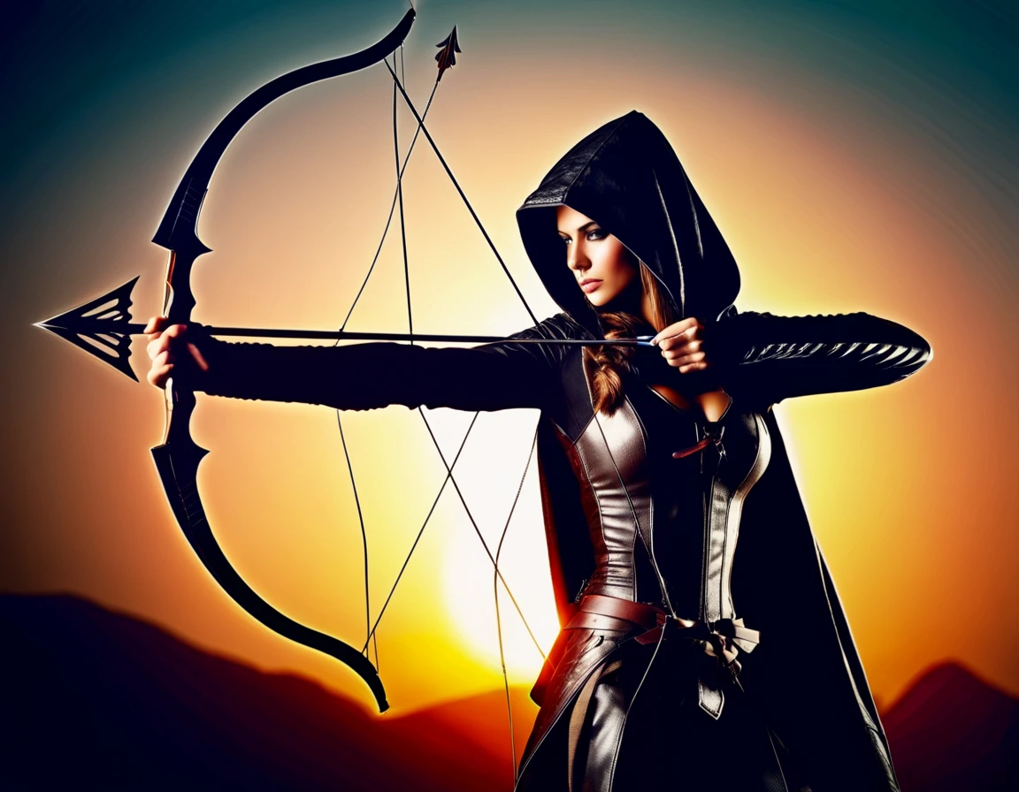 (Gorgeous Photo) of a woman in a hooded coat holding a bow and arrow,archer, thematic background, side light, rim lighting, studio lighting, ultra quality, sharp focus, film grain, Fujifilm XT3, highly detailed glossy eyes, high detailed skin, skin pores,

dark fantasy, romantic,dynamic fighting pose,,natural pose, dark fantasy style, raw, 32k uhd, dslr

