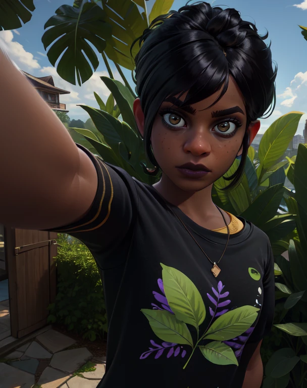 willow, black hair, brown eyes, 
black shirt, purple leggings,  bracelet,  green short sleeves, 
standing,   upper body,   smug,  perspective, 
backyard, 
(insanely detailed, beautiful detailed face, beautiful detailed eyes, masterpiece, best quality)  solo,
 <lora:willow-10GD:0.7>