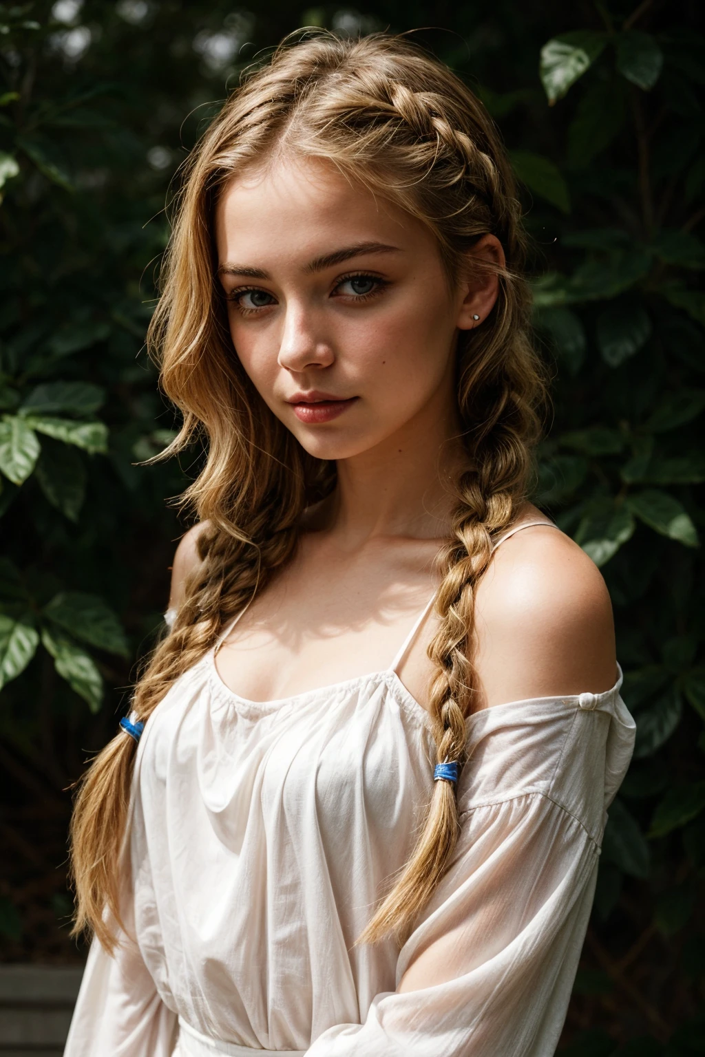 a portrait of a blonde girl with long braids, 
 <lora:more_details:0.8>