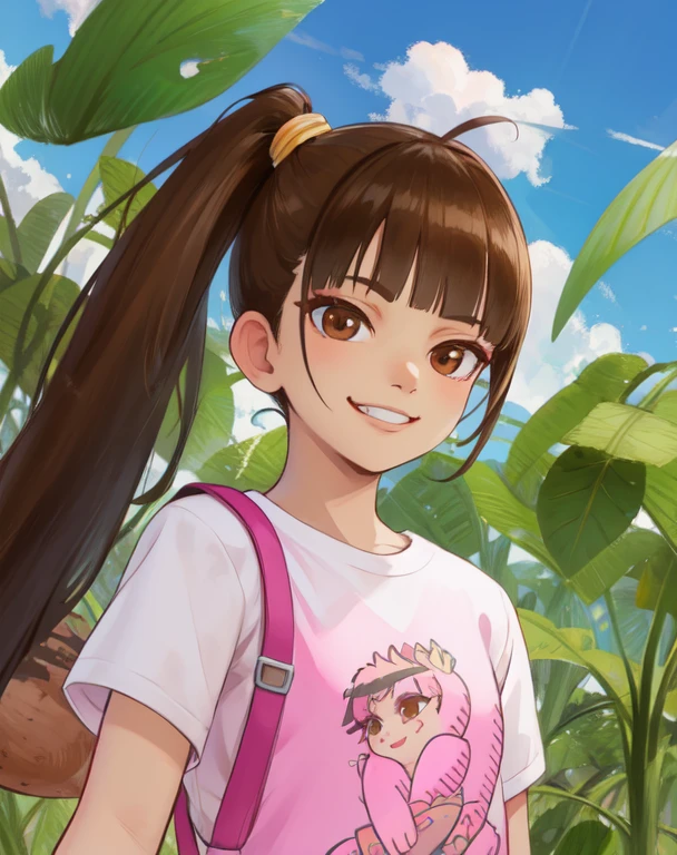 ally, side ponytail, black hair, brown eyes, smile, smug,
white shirt, pink shorts,
standing,
backyard, giant leaf, small perspective,
(insanely detailed, beautiful detailed face,beautiful detailed eyes, masterpiece, best quality) solo,
<lora:hoops-10v6:0.7>