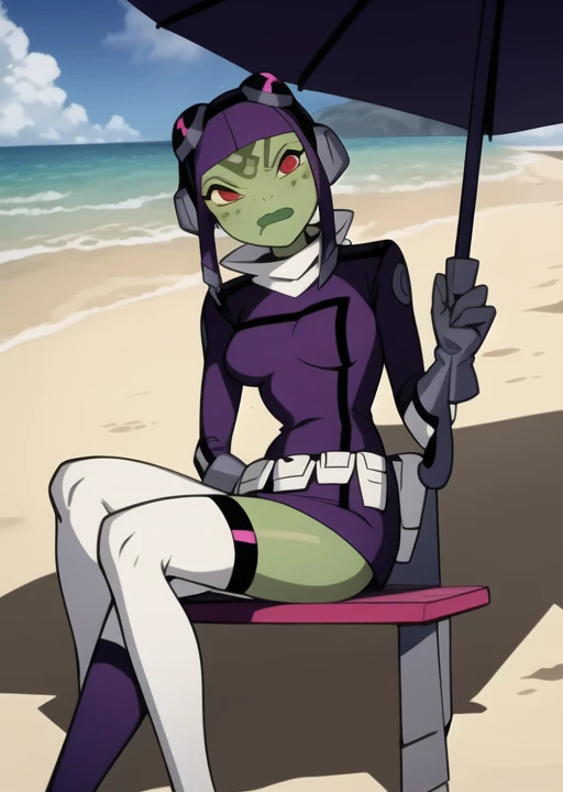 <lora:attea-10:1> attea, half body, sitting under umbrella, on beach, masterpiece, best quality