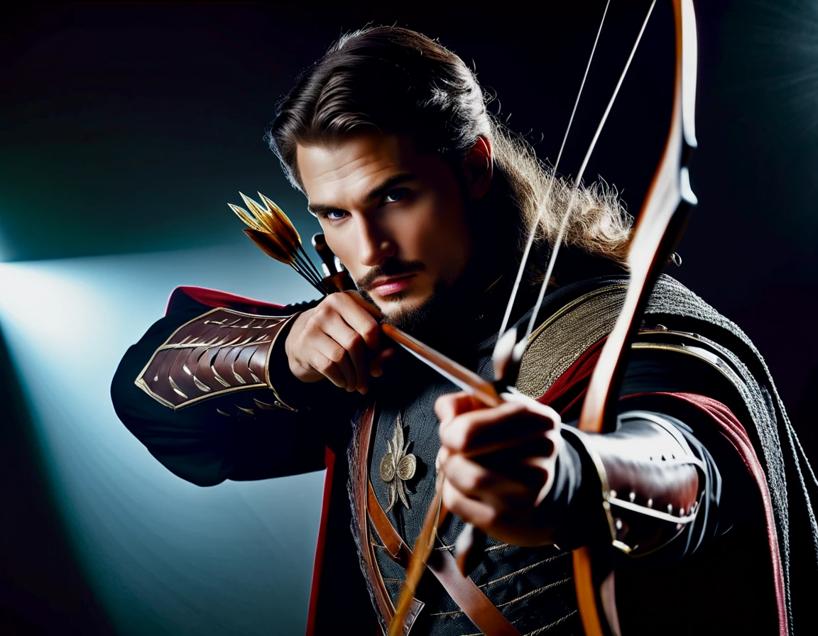 (Gorgeous Photo) of a man in a medieval outfit holding a bow and arrow,archer, thematic background, side light, rim lighting, studio lighting, ultra quality, sharp focus, film grain, Fujifilm XT3, highly detailed glossy eyes, high detailed skin, skin pores,

dark fantasy, romantic,dynamic fighting pose,,natural pose, dark fantasy style, raw, 32k uhd, dslr

