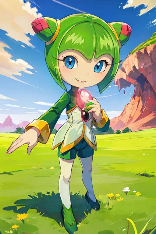 1girl, cosmotheseedrian, blue eyes, short hair, green hair, cone hair bun, shirt, short shorts, smile, standing, grass field <lora:cosmo:1>