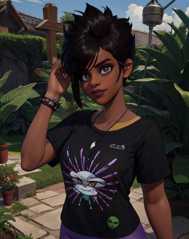 willow, black hair, brown eyes, spiked hair,
black shirt, purple leggings, bracelet, green short sleeves,
standing, upper body, smug, light smile,
giant backyard, large plants,
(insanely detailed, beautiful detailed face, beautiful detailed eyes, masterpiece, best quality) solo,
<lora:willow-10GD:0.7>