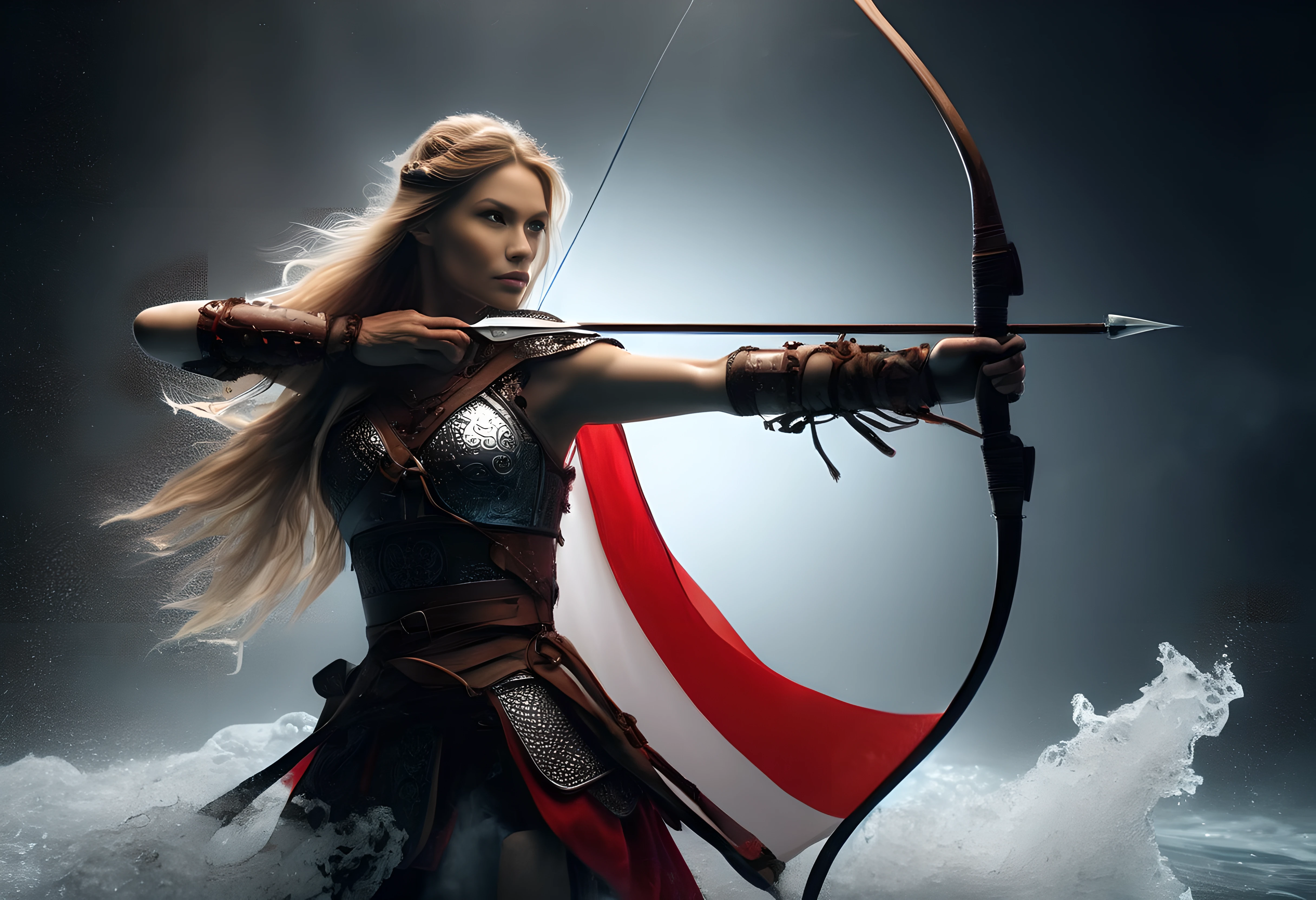 a beautiful polish archer jumping out of the water wrapped in the polish flag. in one hand she holds a royal scimitar sword, on her shoulder a pukler with an emblem, inkpunk style,thematic background, side light, rim lighting, studio lighting, ultra quality, sharp focus, film grain, Fujifilm XT3, highly detailed glossy eyes, high detailed skin, skin pores, winter, snowing,
dark fantasy, romantic,dynamic fighting pose,,natural pose, dark fantasy style, raw, uhd, dslr, em 80mm, dslr, hdr, , cinematic shot, dark fantasy, style,raw photo, glowing neon fog, dslr, raw, 16k UHD,
<lora:sdxl_lora_archer:0.9> <lora:PerfectEyesXL:0.8> perfecteyes