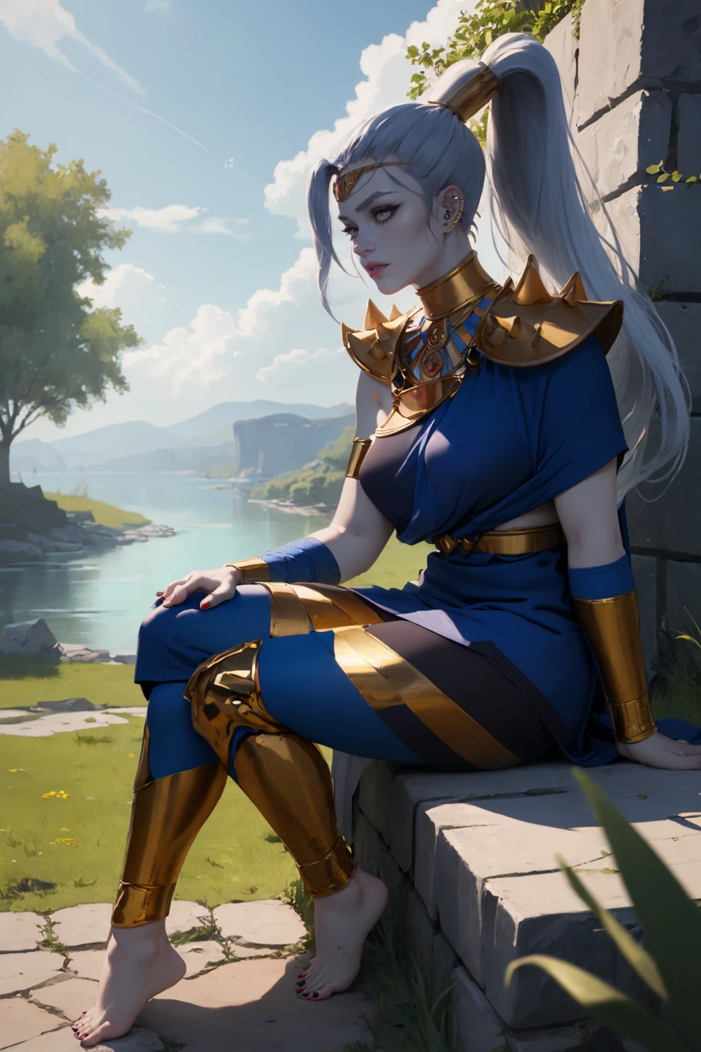 (masterpiece, best quality:1.2), <lora:megaera:.9>, megaera, 1girl, solo, ponytail, colored skin, breasts, piercing, ear piercing, blue skin, single wing, gorget, greek clothes, outdoors, stone, grass, river, colorful, blue sky, sitting, barefoot,