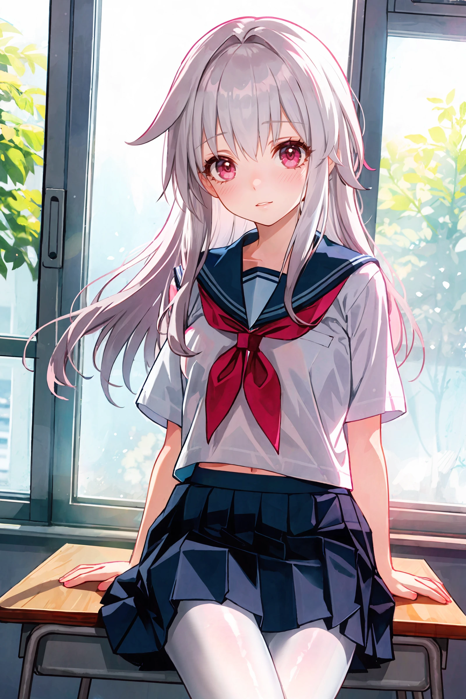 1girl, clara \(honkai: star rail\), solo, red eyes, cowboy shot, shy, blush, serafuku, sailor collar, pleated skirt, white pantyhose, classroom, window, backlighting, skirt lift, lifted by self, sitting on school desk