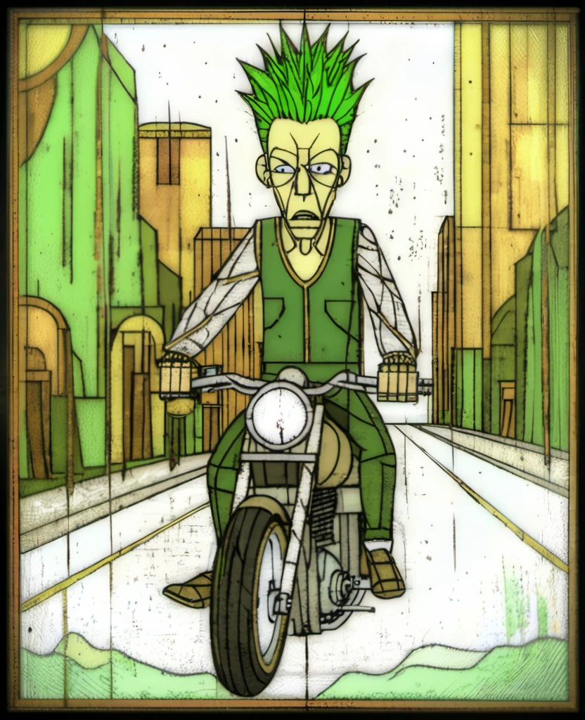 rivghn style, wheelie on motorbike, green mohawk, city street <lora:rivghnXL3-000039:1>