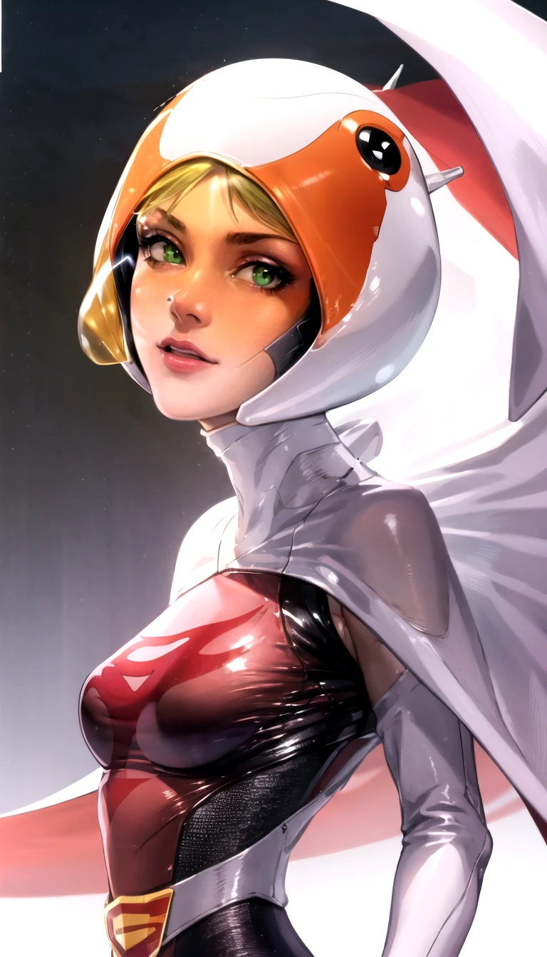 straight-on,pose,looking at viewer,BREAK,
ANI_CLASSIC_jun_gatchaman_ownwaifu,www.ownwaifu.com,
long hair,breasts,green eyes,lips,medium breasts,blonde hair,lipstick,makeup,
gloves,cape,helmet,belt,elbow gloves,white gloves,mask,skirt,leotard,spacesuit,white legwear,pink dress,superhero,bodysuit,
<lora:ANI_CLASSIC_jun_gatchaman_ownwaifu:1>,, official art,extremely detailed CG unity 8k wallpaper, perfect lighting,Colorful, Bright_Front_face_Lighting,shiny skin, (masterpiece:1.0),(best_quality:1.0), ultra high res,4K,ultra-detailed, photography, 8K, HDR, highres, (absurdres:1.2), Kodak portra 400, film grain, blurry background, (bokeh:1.2), lens flare, (vibrant_color:1.2),professional photograph, (beautiful_face:1.5),