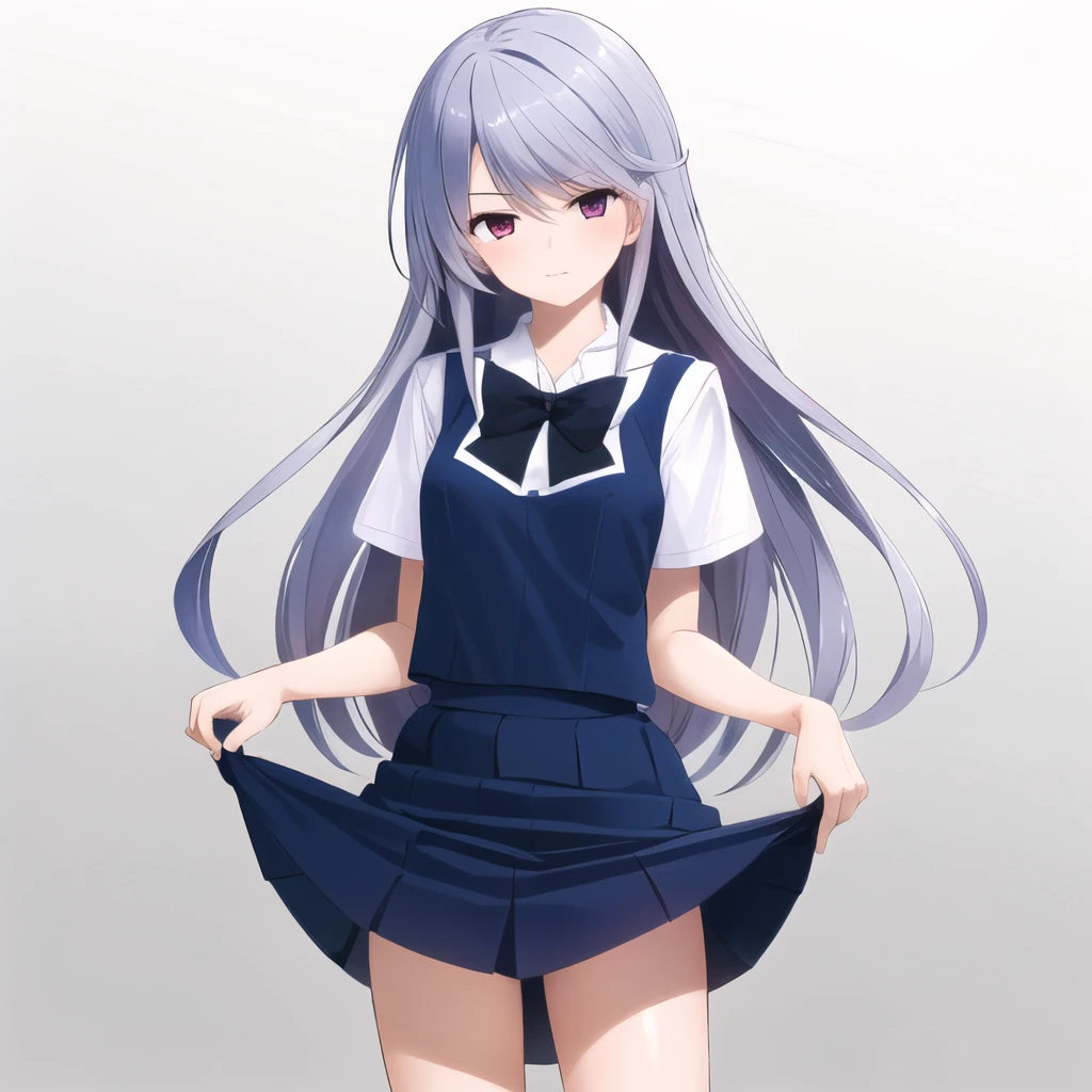 masterpiece, best quality, ultra-detailed, kazami kazuki, silver hair, long hair, purple eyes, school uniform, 1 girl, solo, standing, skirt lift