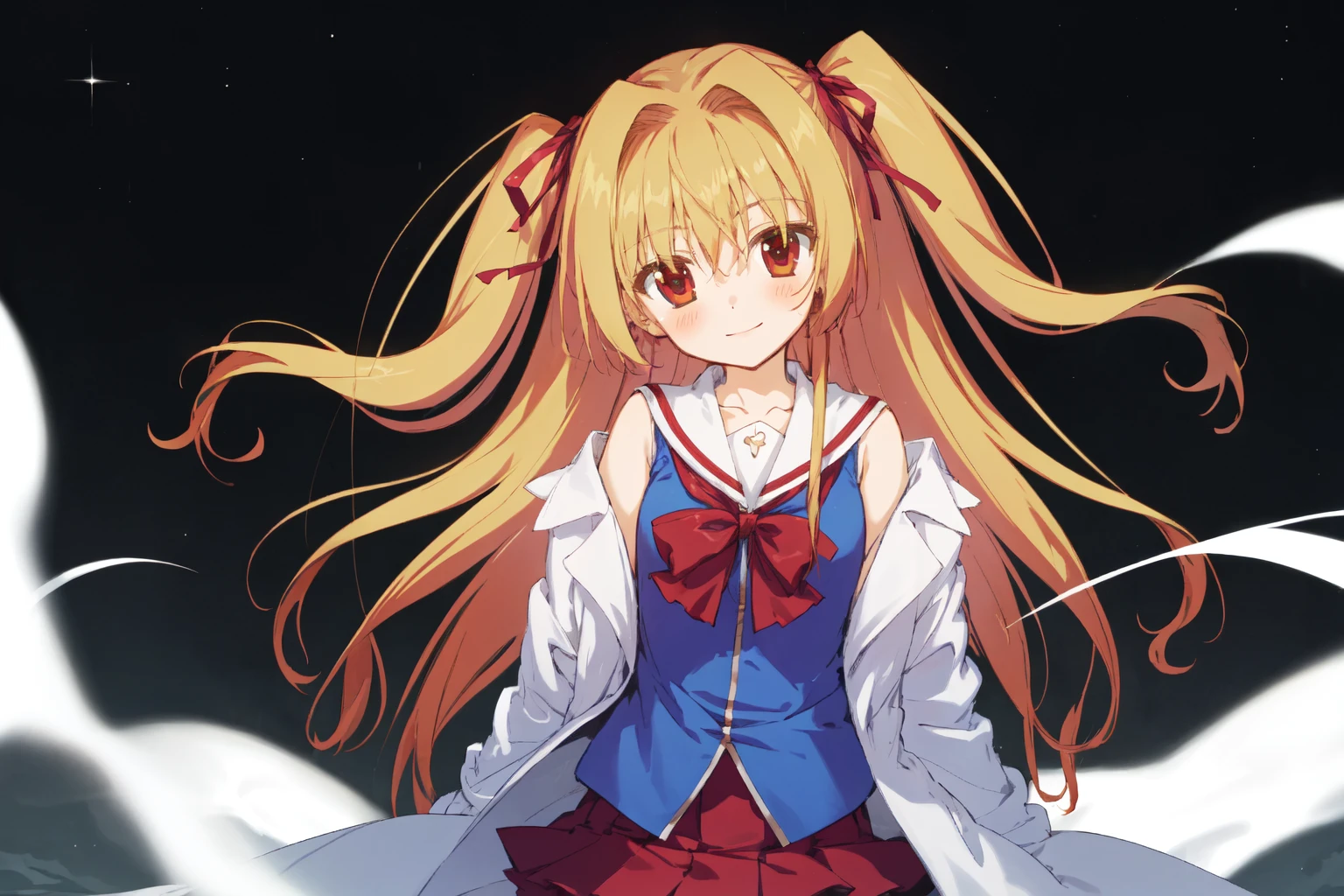 <lora:nikaidou_shinku:0.7:lbw=KoChar>,nikaidou shinku,1girl, best quality,red pleated skirt,two side up, hair ribbon, blue shirt,labcoat, school uniform,bare shoulders, head tilt, light smile,
