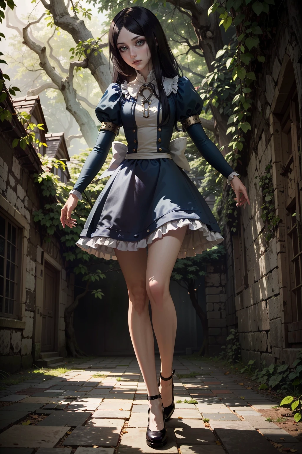 (masterpiece, highres, best quality:1.2)
<lora:AliceMadness:0.8>
AliceMadness, 1girl, solo, long hair, black hair, dress, full body, vine-covered terrace, morning, gentle filtered light through the foliage , horror \(theme\)