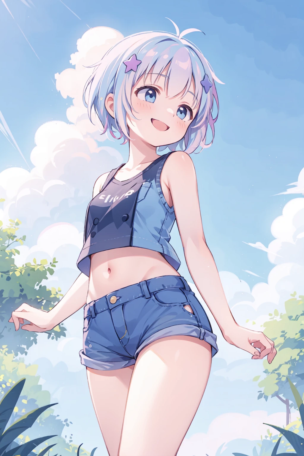 Masterpiece,best quality,1Girl,solo,shorts,short hair,from below,sky,clouds,denim shorts,sky,denim,smile,cut,back arms,blue shorts,shorts,bare shoulders,blue sky,
star hair ornament,<lora:reisa-v20231007:1>,