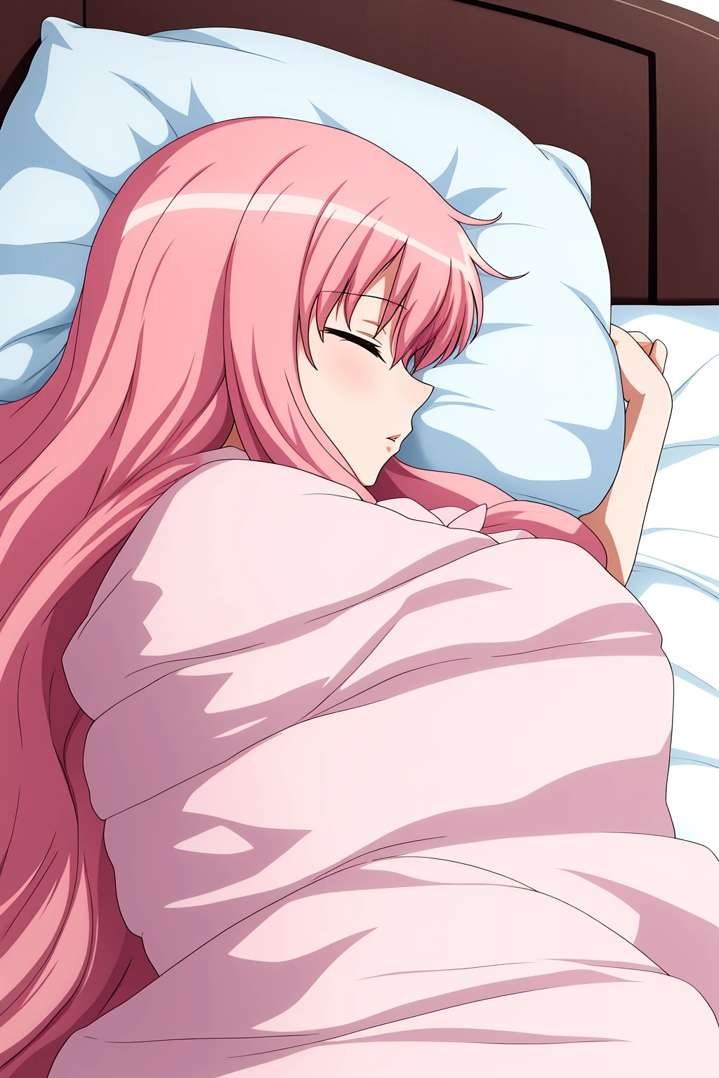 louise, 1girl, solo, long_hair, closed_mouth, closed_eyes, pink_hair, nude, blanket, lying, parted_lips, pillow, bed, profile, bed_sheet, on_side, sleeping, (under_covers:1.2)