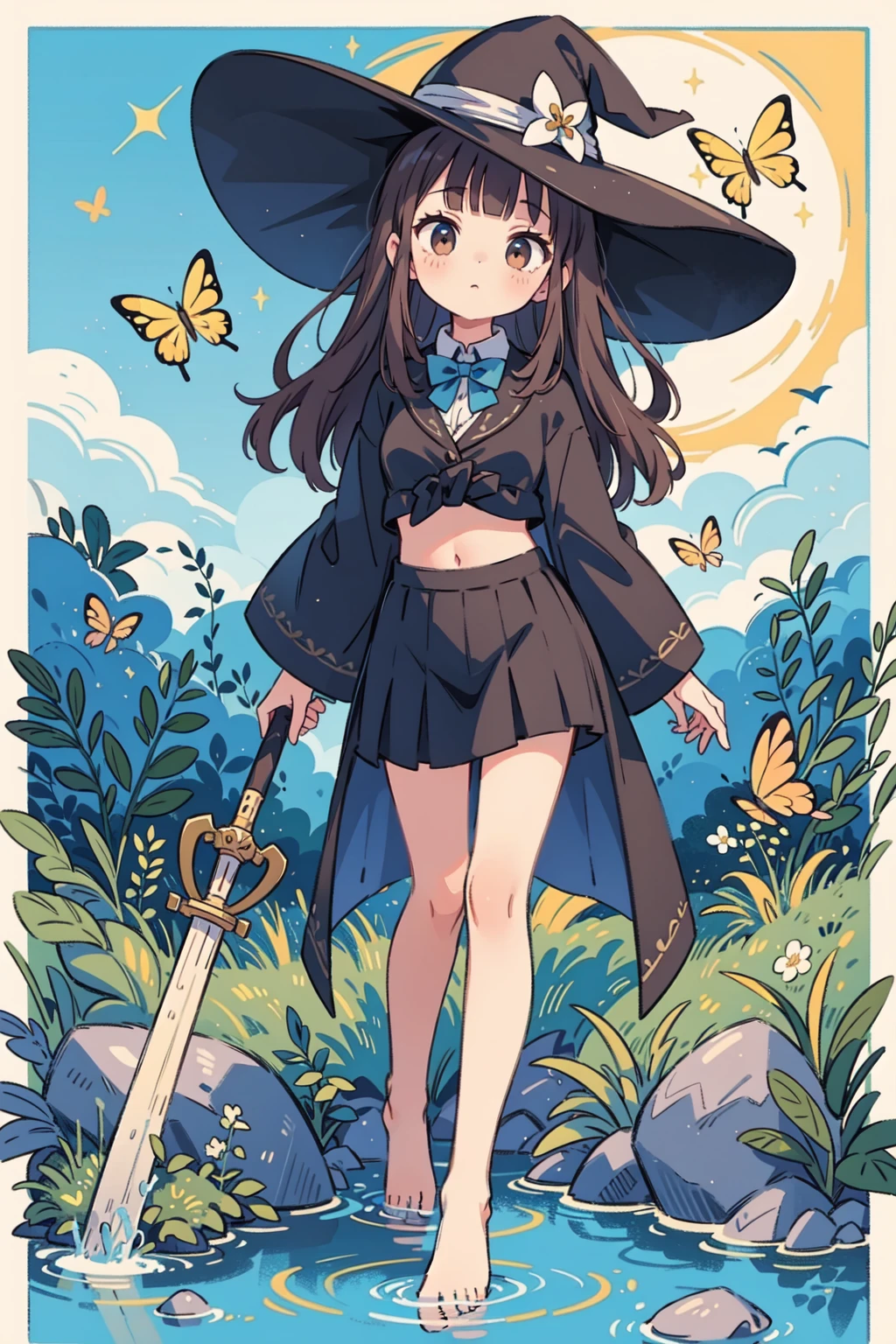 colorful butterfly,full body,witch hat,(detailed face:1.2),((Tarot border)),The portrait is centered,(no weapon),medium hair,blunt bangs,brown eyes,standing,medium breasts,robe,Magic robe,Perfect body,Tie,(mature woman),bangs,long hair,(female teacher),pleated skirt,(((masterpiece))),bestquality,(beautifuldetailedgirl),beautifuldetailedglow,detailedice,beautifuldetailedwater,(beautifuldetailedeyes),expressionless,(floatingpalaces),azurehair,disheveledhair,longbangs,hairsbetweeneyes,blackribbon,whitebowties,midriff,{{{halfclosedeyes}}},bigforhead,flower,Tonalism,cinematic lighting,sparkle,illustration,high details,super detail,award winning,best quality,high quality,8k,