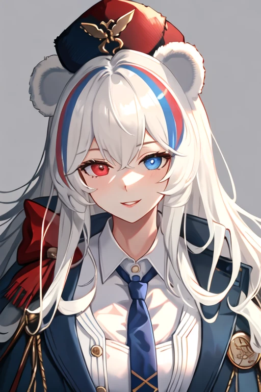 best quality, masterpiece, highres, solo, {rosa_arknights:1.15}, animal_ears, bear_ears, long_hair, white_hair, blue_eyes, heterochromia, multicolored_hair, streaked_hair, hat, blue_hair, red_eyes, hair_between_eyes, bangs, necktie, smile, blue_headwear, upper_body, blue_necktie, very_long_hair, breasts, 1girl, looking_at_viewer, portrait, parted_lips