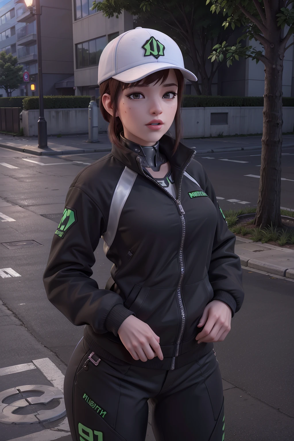 realistic, realism, photorealism, photo-realistic, high contrast, (photorealistic:1.4), (perfect female figure), 8k high definition detailed realistic,NSFW, (best quality, masterpiece:1.2), photon mapping, radiosity, physically-based rendering, best quality, highly detailed, 1girl,baseball cap owdva, jacket, Pants, outdoors, street, <lora:dvav11:0.6>