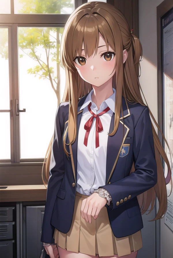 asunayuuki, <lora:asunayuuki-lora-nochekaiser:1>,
asuna yuuki, long hair, brown hair, (brown eyes:1.8), (small breast:1.2),
BREAK skirt, shirt, long sleeves, ribbon, school uniform, jacket, white shirt, red ribbon, black jacket, neck ribbon,
BREAK indoors, classroom,
BREAK looking at viewer, (cowboy shot:1.5),
BREAK <lyco:GoodHands-beta2:1>, (masterpiece:1.2), best quality, high resolution, unity 8k wallpaper, (illustration:0.8), (beautiful detailed eyes:1.6), extremely detailed face, perfect lighting, extremely detailed CG, (perfect hands, perfect anatomy),