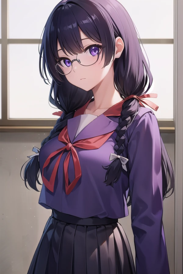 hanekawatsubasa, <lora:tsubasahanekawa-lora-nochekaiser:1>, 
hanekawa tsubasa, long hair, black hair, hair ornament, (purple eyes:1.1), braid, hairclip, twin braids, naoetsu high school uniform, glasses,
BREAK skirt, school uniform, naoetsu high school uniform,
BREAK indoors, classroom,
BREAK looking at viewer,
BREAK <lyco:GoodHands-beta2:1>, (masterpiece:1.2), best quality, high resolution, unity 8k wallpaper, (illustration:0.8), (beautiful detailed eyes:1.6), extremely detailed face, perfect lighting, extremely detailed CG, (perfect hands, perfect anatomy),