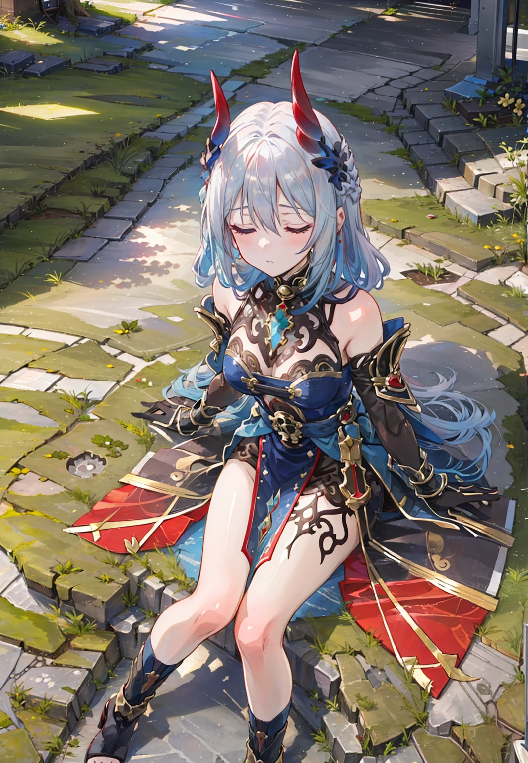 ((masterpiece,best quality)), highres, 1girl, hanya, horns, elbow gloves, toeless footwear, sitting, closed eyes, on grass, dappled sunlight, from above,