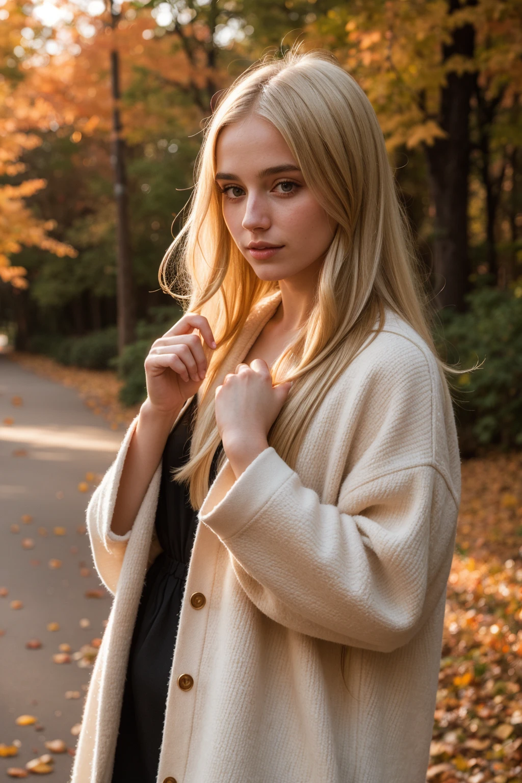 beautiful girl wearin in oversized clothes points her finger at the viewer, long blonde hair, (upper body:1.2), autumn leaves, outdoors, volumetric light, cinematic, golden hour, natural lighting, photorealistic, natural lighting, professional DSLR camera,