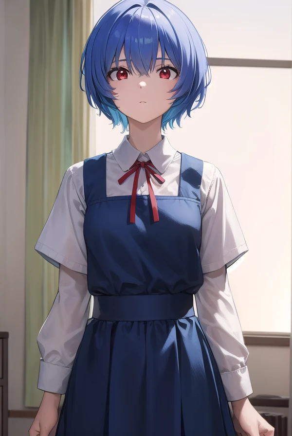 reiayanami, <lora:reiayanami-lora-nochekaiser:1>, 
rei ayanami, blue hair, short hair, (red eyes:1.5), (small breast:1.2),
BREAK blue dress, dress, neck ribbon, pinafore dress, red ribbon, ribbon, school uniform, short sleeves, short-sleeved sweater, sweater,
BREAK indoors, classroom,
BREAK looking at viewer, (cowboy shot:1.5),
BREAK <lyco:GoodHands-beta2:1>, (masterpiece:1.2), best quality, high resolution, unity 8k wallpaper, (illustration:0.8), (beautiful detailed eyes:1.6), extremely detailed face, perfect lighting, extremely detailed CG, (perfect hands, perfect anatomy),