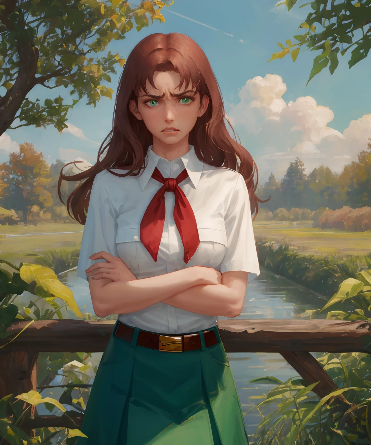 od, 1girl, solo, green eyes, brown hair, long hair, belt, outdoors, skirt, shirt, tree, white shirt, cloud, red neckerchief, sky, water, neckerchief, day, parted lips, collared shirt, leaf, crossed arms, angry