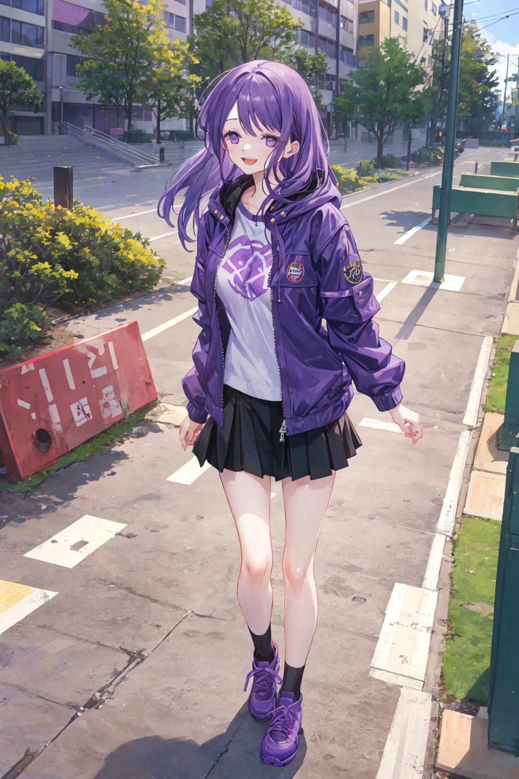1girl, kubonagisa, purple eyes, purple hair, long hair, bangs, jacket, denim skirt, :d, walking, playground <lora:kubo:1>