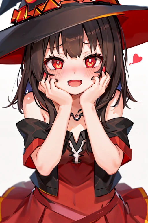 1girl, megumin, witch hat, blush, hands on own face, heart, heart-shaped pupils, looking at viewer, medium hair, nail polish, open mouth, smile, solo, symbol-shaped pupils, (yandere:1.2), portrait,