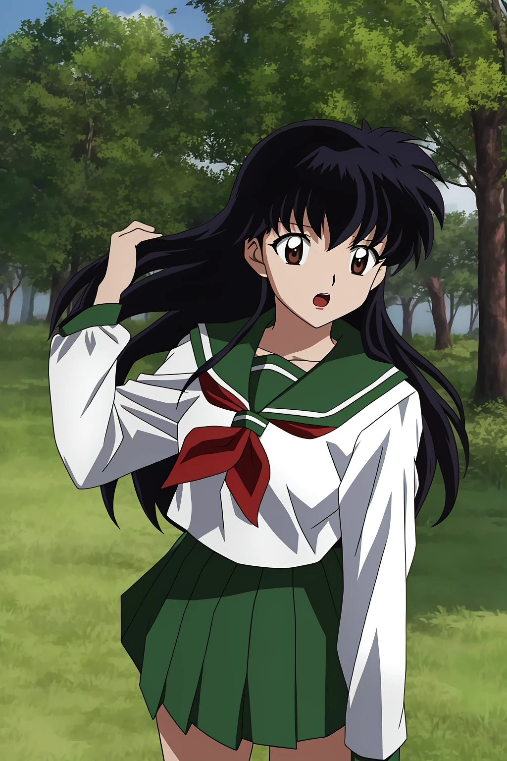 kagome, 1girl, solo, long_hair, looking_at_viewer, open_mouth, black_hair, long_sleeves, brown_eyes, school_uniform, standing, cowboy_shot, pleated_skirt, outdoors, sky, day, sailor_collar, tree, neckerchief, green_skirt, forest