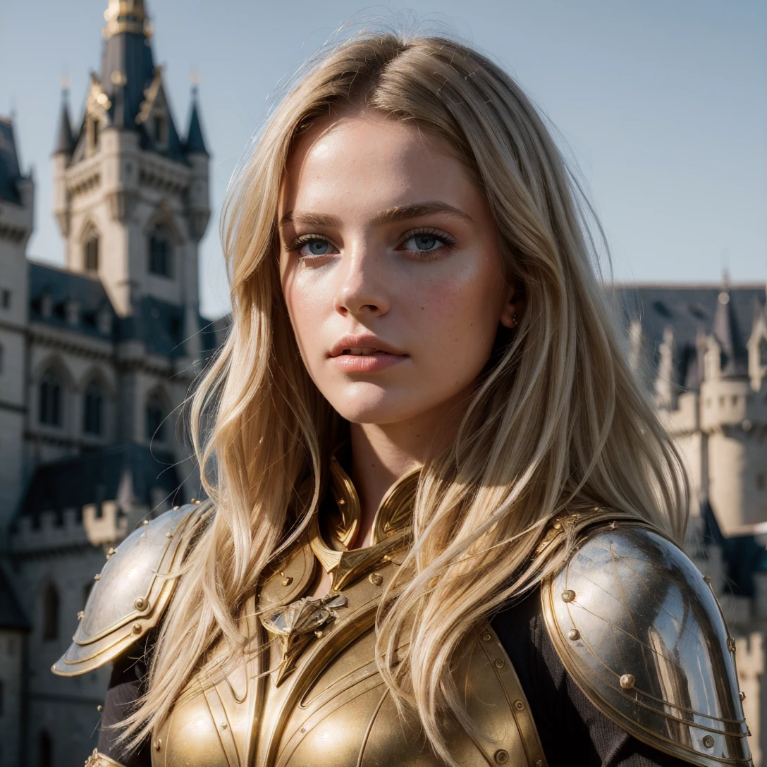 girl, (masterpiece, best quality, high resolution:1.4), beauty face, armor gold, skin pores texture, sharp, Hair blonde, HD , Photography, movie, cinematic, full Body, Realistic, (8k, RAW photo, best quality, masterpiece:1.2), (realistic, photo-realistic:1.33), castle, moon,