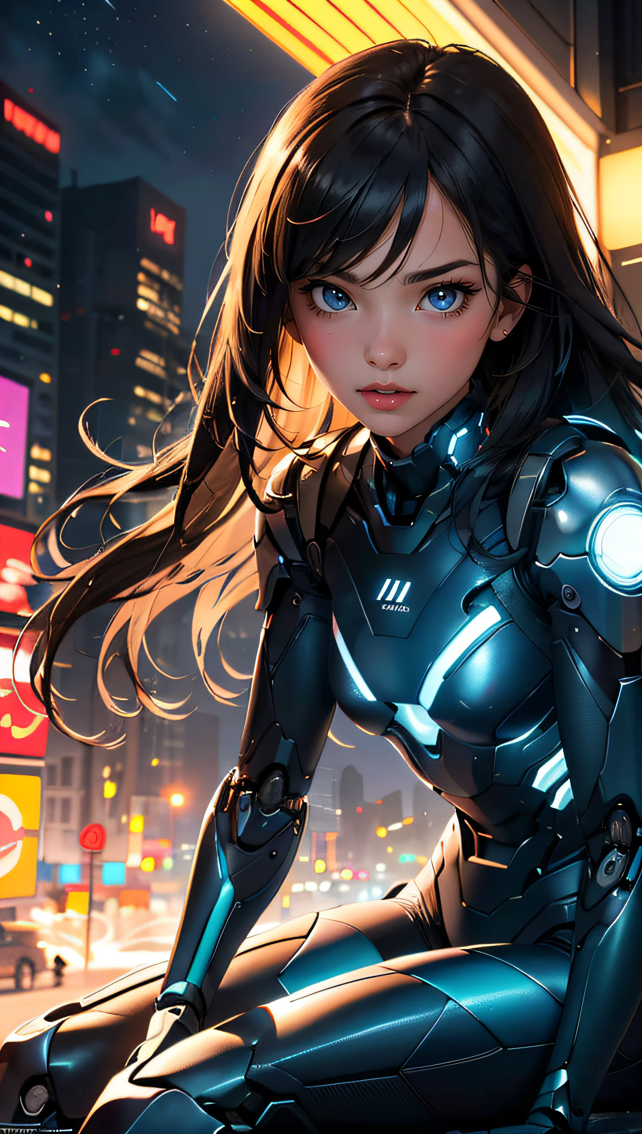 (best quality, masterpiece, colorful, dynamic angle, highest detailed)upper body photo, full body photo, fashion photography of cute 1girl, mechanical arms, cyborg, dark mood, dystopia, glowing, looking at viewer, sitting, long hair, bokeh (intricate details, hyperdetailed:1.15), detailed, light passing through hair, (official art, extreme detailed, highest detailed),