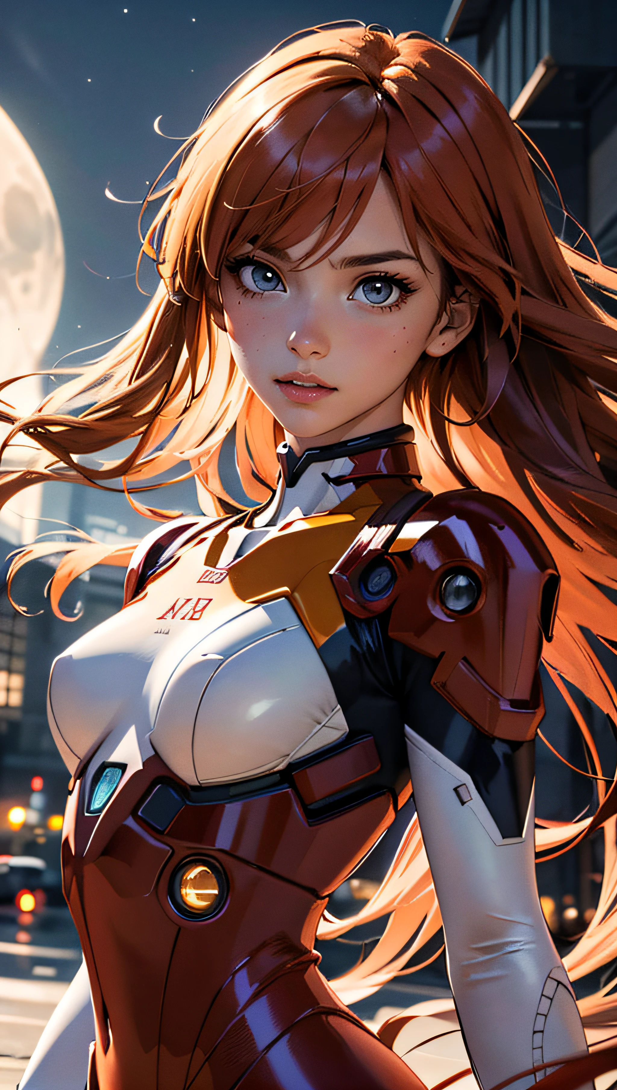 (best quality, masterpiece, colorful, dynamic angle, highest detailed)(Asuka Langley), upper body photo, fashion photography of cute red long hair girl (Asuka Langley), dressing high detailed Evangelion red suit (high resolution textures), in dynamic pose, bokeh, (intricate details, hyperdetailed:1.15), detailed, moonlight passing through hair, (digital art background), (official art, extreme detailed, highest detailed),