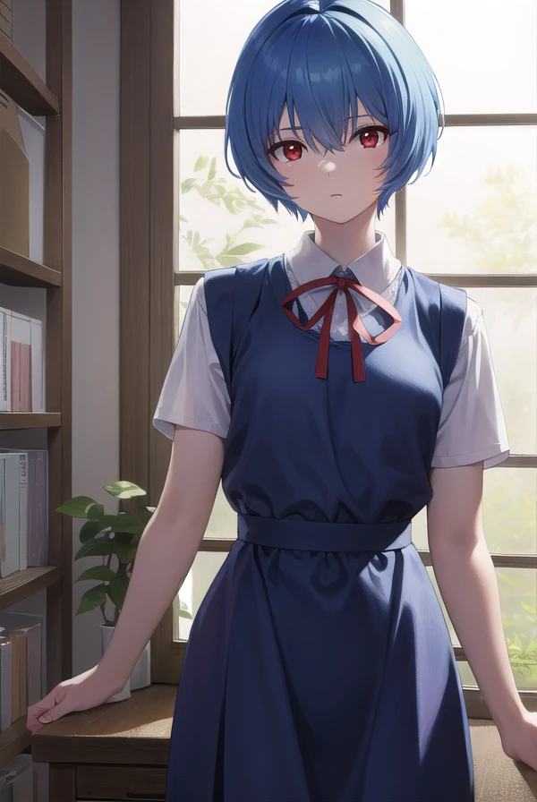 reiayanami, <lora:reiayanami-lora-nochekaiser:1>,
rei ayanami, blue hair, short hair, (red eyes:1.5), (small breast:1.2),
BREAK blue dress, dress, neck ribbon, pinafore dress, red ribbon, ribbon, school uniform, short sleeves, short-sleeved sweater, sweater,
BREAK indoors, classroom,
BREAK looking at viewer, (cowboy shot:1.5),
BREAK <lyco:GoodHands-beta2:1>, (masterpiece:1.2), best quality, high resolution, unity 8k wallpaper, (illustration:0.8), (beautiful detailed eyes:1.6), extremely detailed face, perfect lighting, extremely detailed CG, (perfect hands, perfect anatomy),