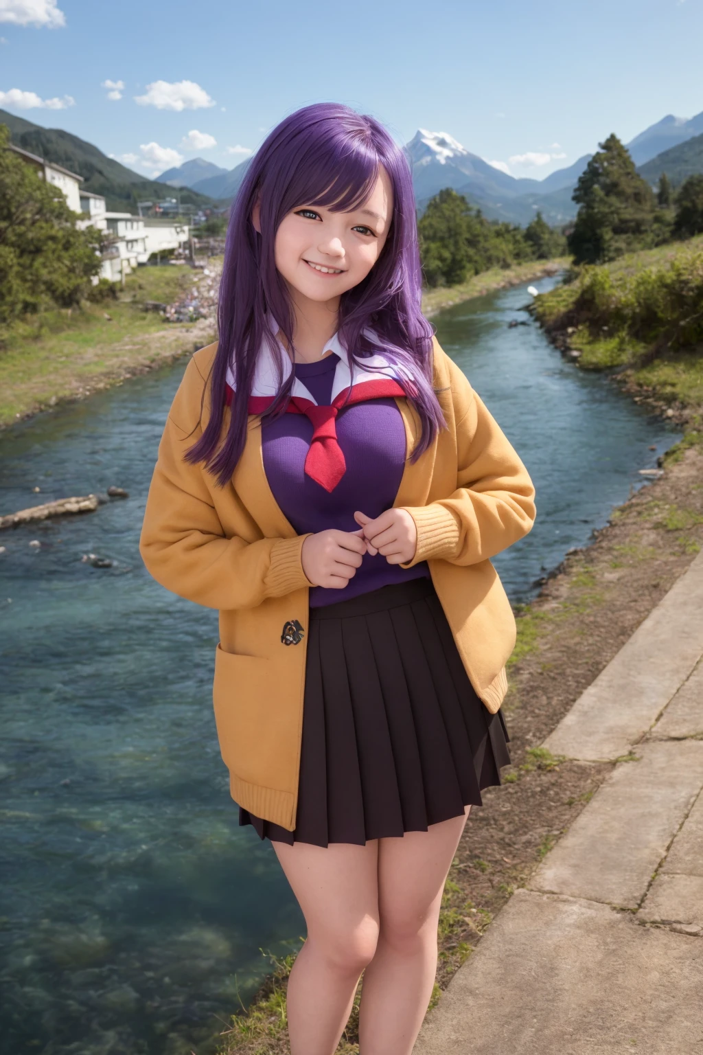 1girl, kubonagisa, purple eyes, purple hair, long hair, bangs, school uniform, cardigan, black skirt, red serafuku, smile, standing, mountain, river  <lora:kubo:1>