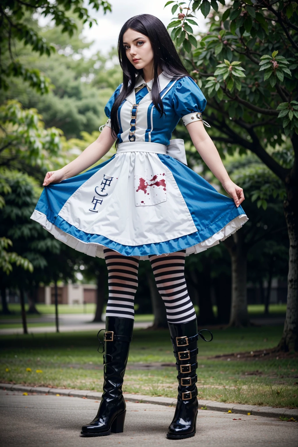 (masterpiece, highres, best quality:1.2)
<lora:AliceMadness:0.8>
AliceMadness, 1girl, solo, long hair, black hair, dress, full body, pantyhose, boots, striped, apron, blood, striped pantyhose, belt boots, twisted wonderland