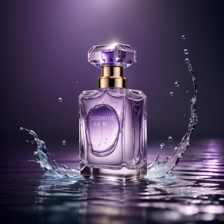 (8k, RAW photo, best quality, masterpiece:1.2),(realistic, photo-realistic:1.37),perfume,(shiny background:1.2),purple theme,water surface, solo focus,Product Feature, <lora:product_design_v3:0.5>