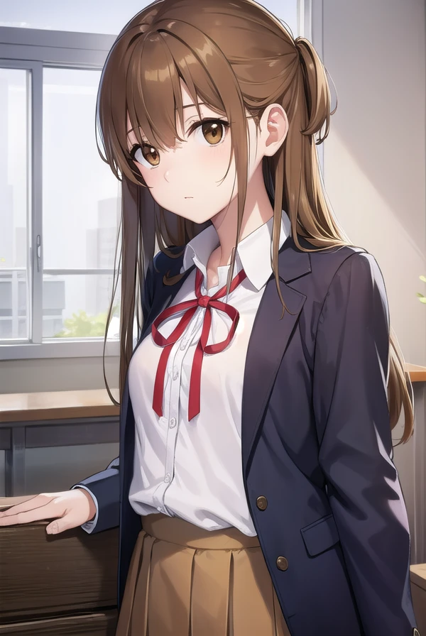 asunayuuki, <lora:asunayuuki-lora-nochekaiser:1>,
asuna yuuki, long hair, brown hair, (brown eyes:1.8), (small breast:1.2),
BREAK skirt, shirt, long sleeves, ribbon, school uniform, jacket, white shirt, red ribbon, black jacket, neck ribbon,
BREAK indoors, classroom,
BREAK looking at viewer, (cowboy shot:1.5),
BREAK <lyco:GoodHands-beta2:1>, (masterpiece:1.2), best quality, high resolution, unity 8k wallpaper, (illustration:0.8), (beautiful detailed eyes:1.6), extremely detailed face, perfect lighting, extremely detailed CG, (perfect hands, perfect anatomy),