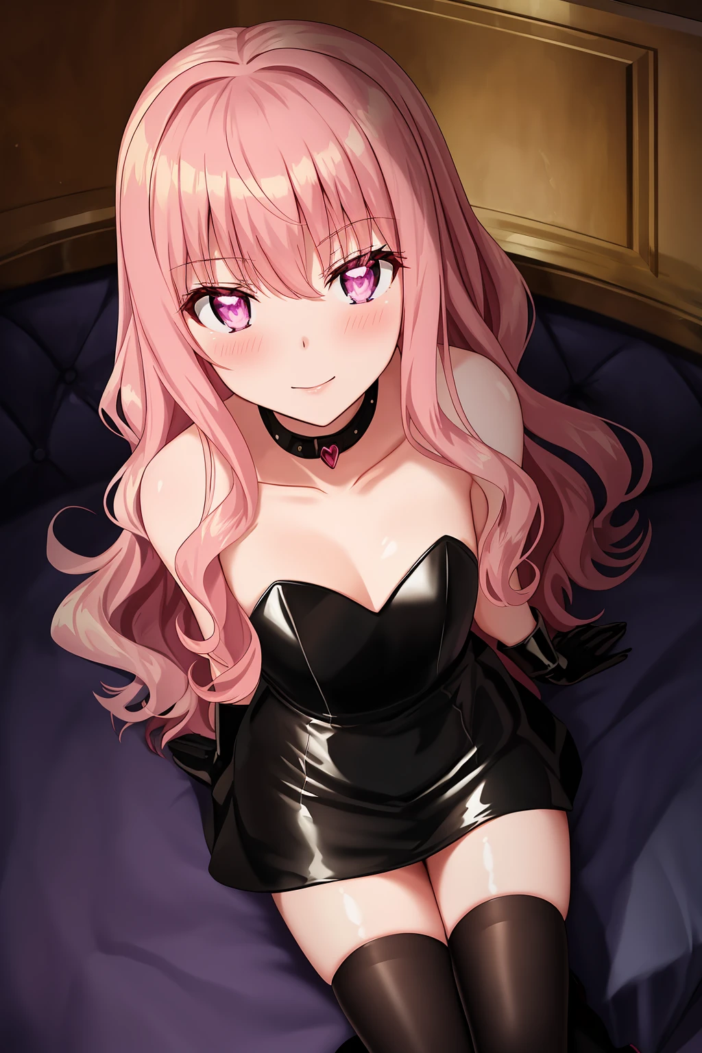 Perfect face. Perfect hands. A pink haired woman with violet eyes with an hourglass figure in pink leather dress is posing on a Gothic couch with a smile