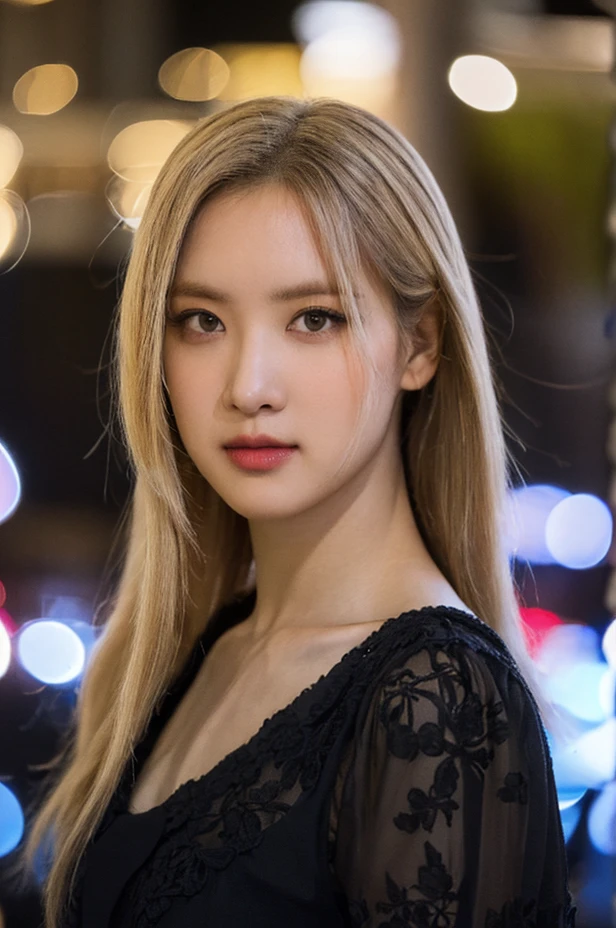 Fujifilm XT3, close up photo, masterpiece, best quality, (((1girl))), solo, realistic, (bokeh:1.5), (intricate, highly detailed:1.2), ((looking at viewer)), photorealistic, (extremely detailed face), looking at viewer, ((ultra-detailed eyes and pupils)), black eyes, ultra detailed, dress, (standing against a street at night), (night:1.5), blonde hair, <lora:roselorashy:1>