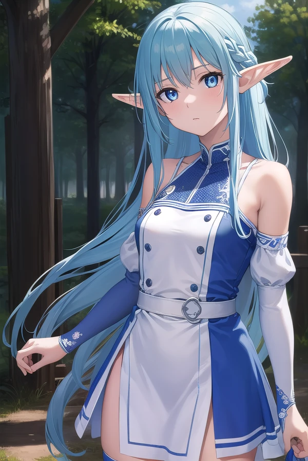 asunayuuki, <lora:asunayuuki-lora-nochekaiser:1>, 
asuna yuuki, long hair, blue eyes, blue hair, pointy ears, elf, (small breast:1.2),
BREAK thighhighs, dress, boots, detached sleeves, zettai ryouiki, white footwear, blue thighhighs,
BREAK outdoors, nature, forest, sun, sky,
BREAK looking at viewer, (cowboy shot:1.5),
BREAK <lyco:GoodHands-beta2:1>, (masterpiece:1.2), best quality, high resolution, unity 8k wallpaper, (illustration:0.8), (beautiful detailed eyes:1.6), extremely detailed face, perfect lighting, extremely detailed CG, (perfect hands, perfect anatomy),