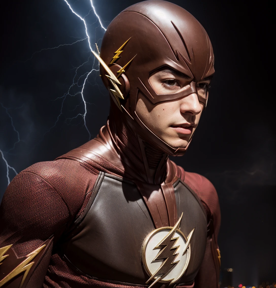 photo of Ezra Miller, the Flash , hero((masterpiece)), ((best quality)), (ultra-detailed), absurdres, extremely detailed CG unity 8k wallpaper,Accurate describe shapes, (realistic), beautiful face, detailed hands, expressive eyes, upper body, ((close-up)), solo, city, scenery, dramatic light, (standing, superhero, smile:1.2), (1boy, mature male, muscular male, brown hair, black eyes, short hair:1.4), (red bodysuit, the flash suit, thunder symbol:1.3), ((masterpiece)), absurdres, HDR