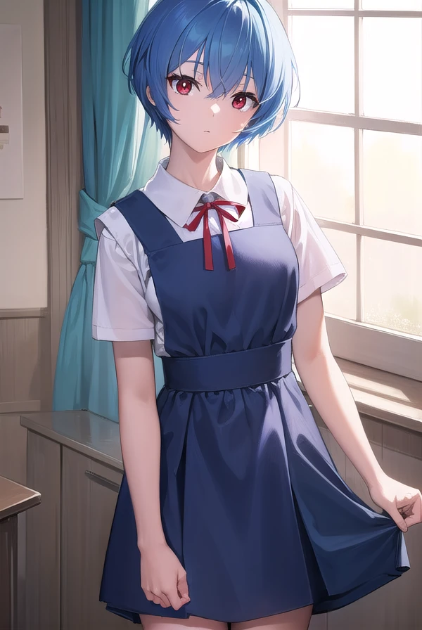 reiayanami, <lora:reiayanami-lora-nochekaiser:1>,
rei ayanami, blue hair, short hair, (red eyes:1.5), (small breast:1.2),
BREAK blue dress, dress, neck ribbon, pinafore dress, red ribbon, ribbon, school uniform, short sleeves, short-sleeved sweater, sweater,
BREAK indoors, classroom,
BREAK looking at viewer, (cowboy shot:1.5),
BREAK <lyco:GoodHands-beta2:1>, (masterpiece:1.2), best quality, high resolution, unity 8k wallpaper, (illustration:0.8), (beautiful detailed eyes:1.6), extremely detailed face, perfect lighting, extremely detailed CG, (perfect hands, perfect anatomy),
