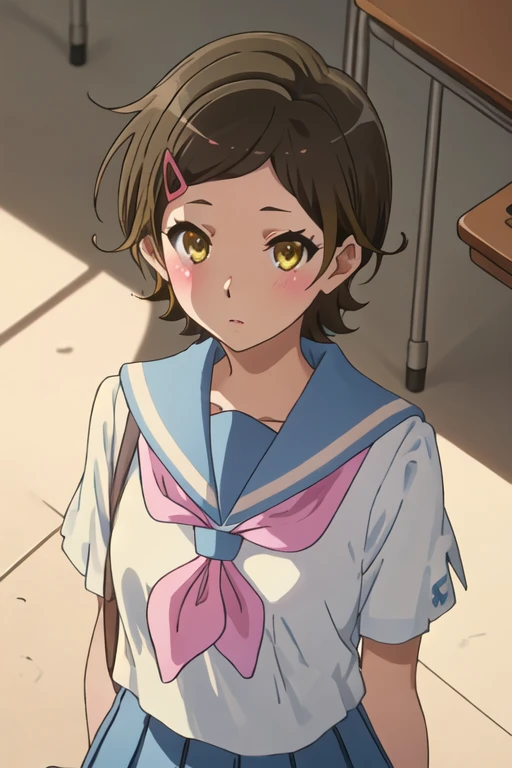 best quality, masterpiece, highres, solo, {katou_hazuki_soundeuphonium:1.15}, short_hair, brown_hair, hair_ornament, hairclip, blush, brown_eyes, serafuku, 1girl, kitauji_high_school_uniform, neckerchief, pink_neckerchief, sailor_collar, school_uniform, blue_sailor_collar, looking_at_viewer, yellow_eyes