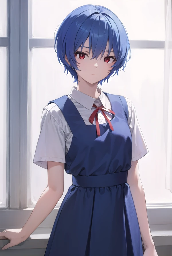 reiayanami, <lora:reiayanami-lora-nochekaiser:1>,
rei ayanami, blue hair, short hair, (red eyes:1.5), (small breast:1.2),
BREAK blue dress, dress, neck ribbon, pinafore dress, red ribbon, ribbon, school uniform, short sleeves, short-sleeved sweater, sweater,
BREAK indoors, classroom,
BREAK looking at viewer, (cowboy shot:1.5),
BREAK <lyco:GoodHands-beta2:1>, (masterpiece:1.2), best quality, high resolution, unity 8k wallpaper, (illustration:0.8), (beautiful detailed eyes:1.6), extremely detailed face, perfect lighting, extremely detailed CG, (perfect hands, perfect anatomy),