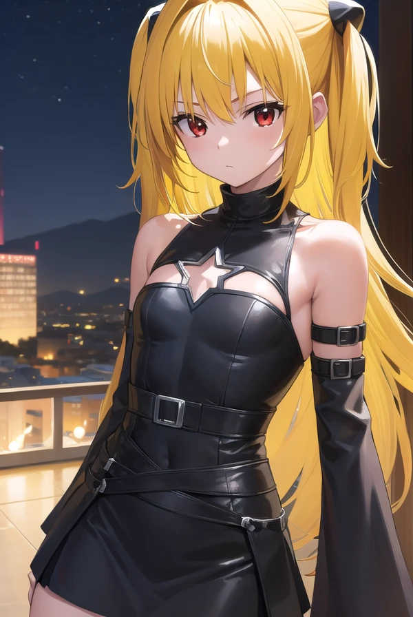 toloveruyami, <lora:toloveruyami-lora-nochekaiser:1>,
yami, (yellow hair:1.5), long hair, (red eyes:1.5), (hair ornament:1.2), two side up, (small chest:1.2),
BREAK sleeveless, detached sleeves, dress, black dress, black skirt, clothing cutout, cleavage cutout,
BREAK outdoors, city, night, sky,
BREAK looking at viewer, (cowboy shot:1.5),
BREAK <lyco:GoodHands-beta2:1>, (masterpiece:1.2), best quality, high resolution, unity 8k wallpaper, (illustration:0.8), (beautiful detailed eyes:1.6), extremely detailed face, perfect lighting, extremely detailed CG, (perfect hands, perfect anatomy),